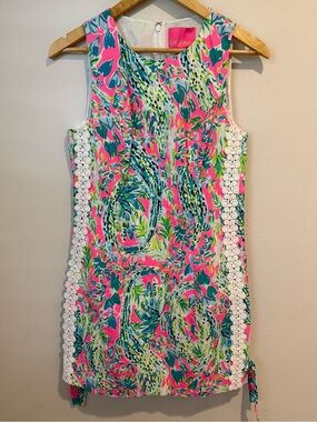 Lilly Pulitzer Mila Shift Dress Pink Green Tropical Snap Back Palm Beach Size 4